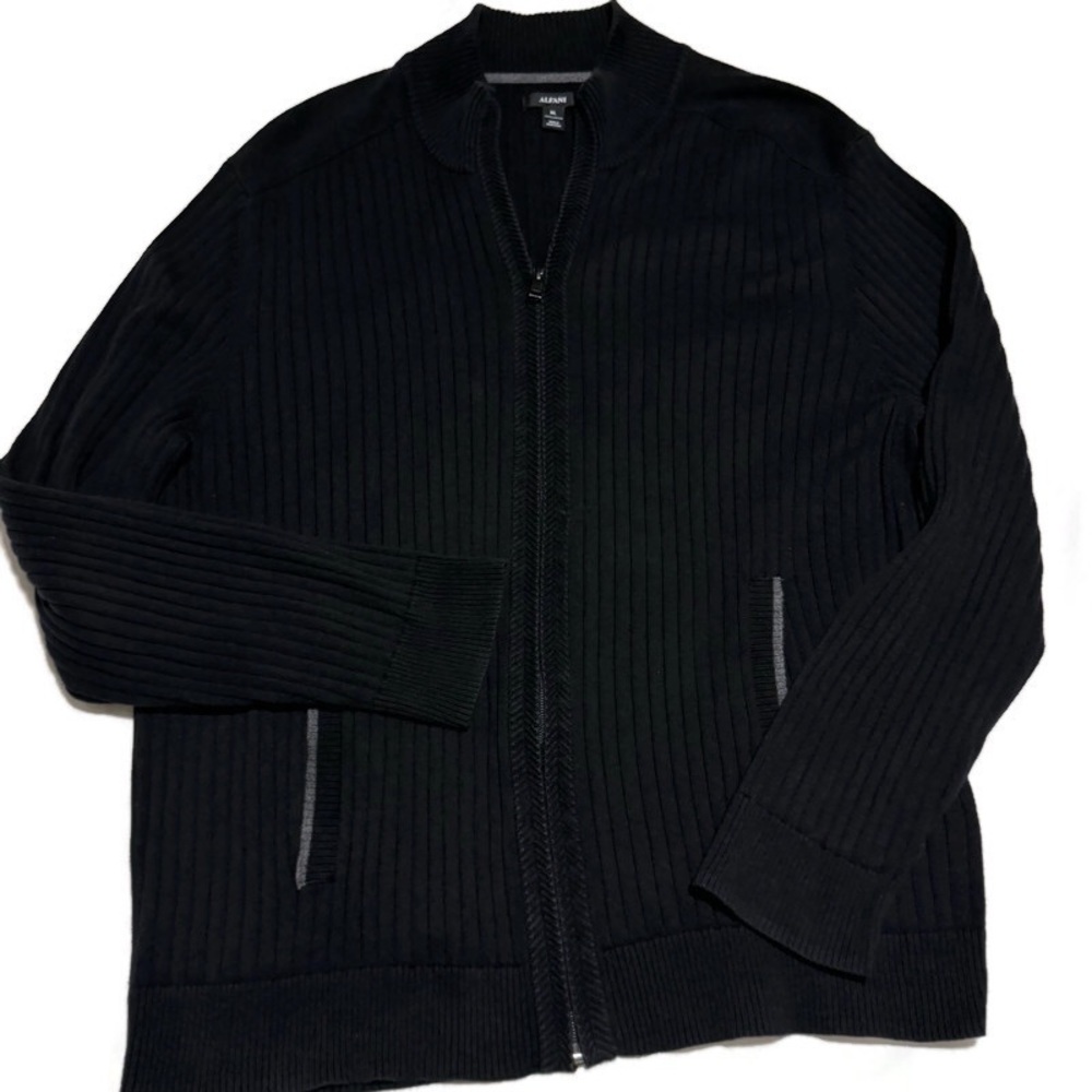 ALFANI RIBBED FULL ZIP BLACK COTTON MEN’S CARDIGAN SWEATER